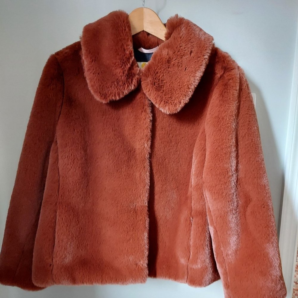 Boden Faux Fur Jacket, New with Tags, Size 16-18, Reddish-Brown collor